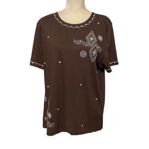 Alfred Dunner Shirt Womens Large Brown Sequin Embellished Crewneck Top Short Sle